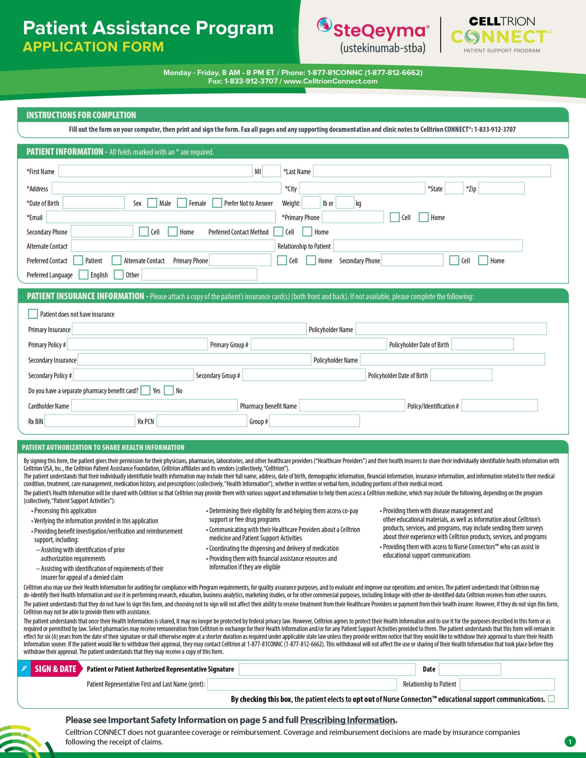 Patient Assistance Program Enrollment Form